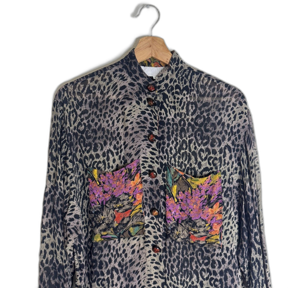 Vintage Dorothy Schoelen Shirt Womens medium Animal Print Floral Sheer 90s - Picture 3 of 13